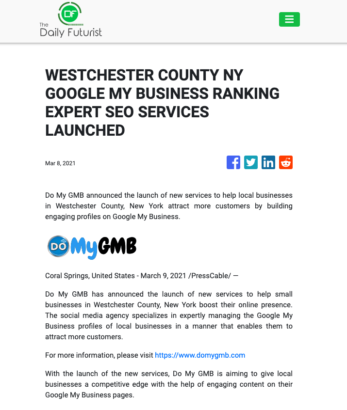 The Daily Futurist DoMyGMB Westchester Press Release