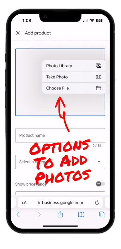 Options to add product photos mobile